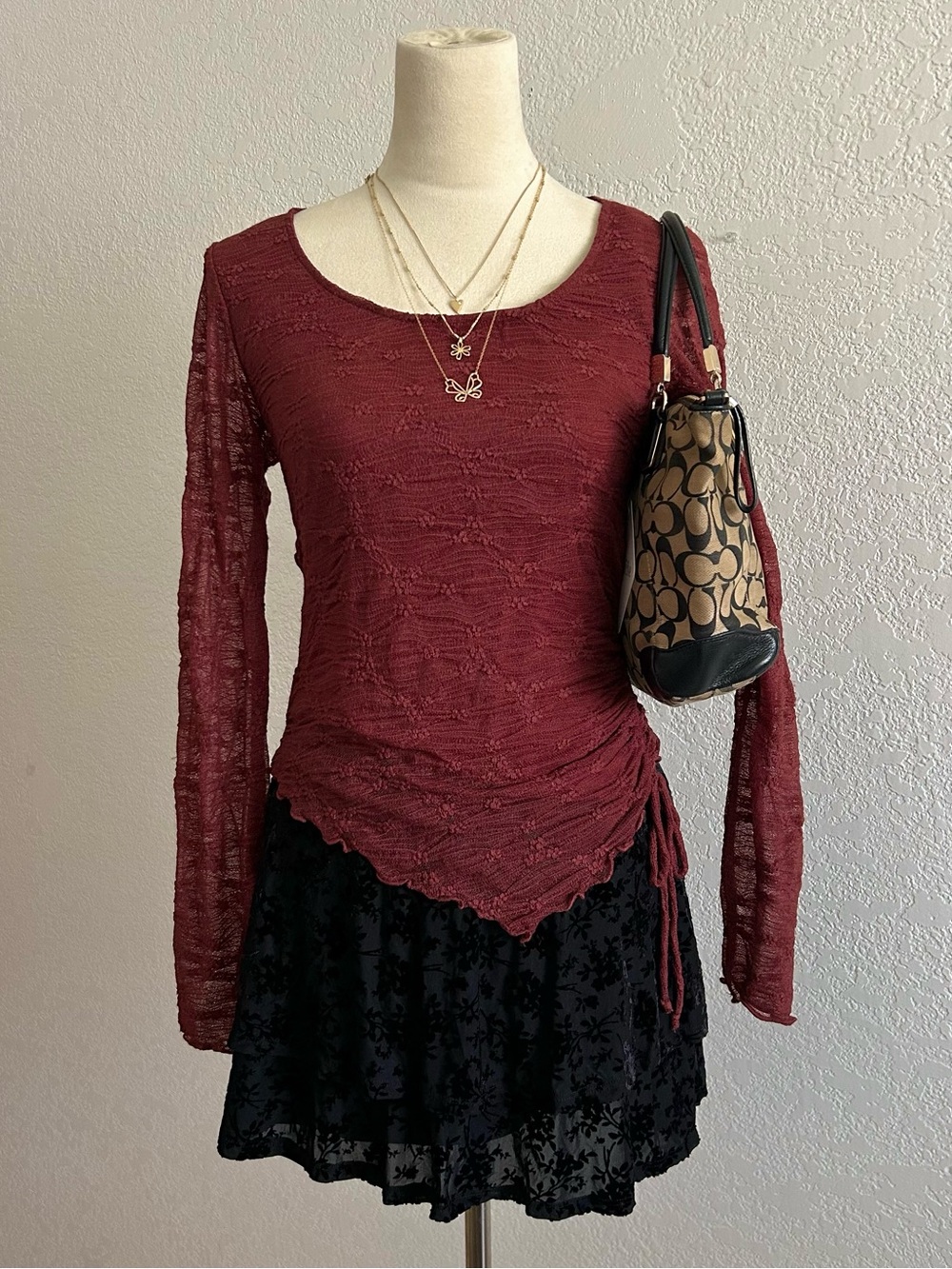 La Peche Whimsigoth Y2K Style Burgundy Asymmetrical Lace Long Sleeve Blouse Top